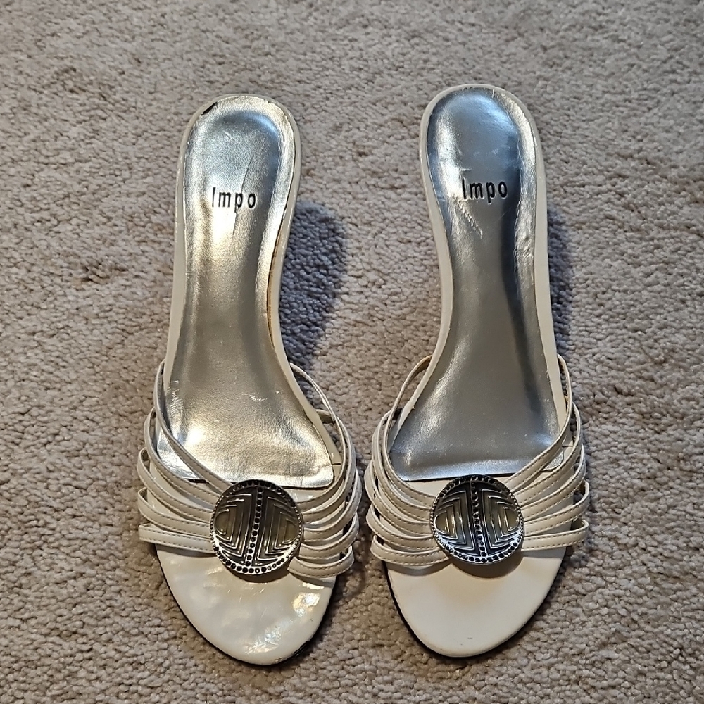 Impo White Strappy Slip-On Heeled Mules with Silver Medallion
